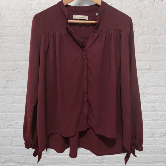 Abercrombie & Fitch Burgundy Tie Sleeve Button Blouse Top - Picture 1 of 7
